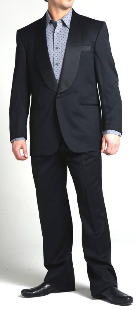 Richard One Button Shawl Collar Wool Fabric Tuxedo - Liquid Jet Black 