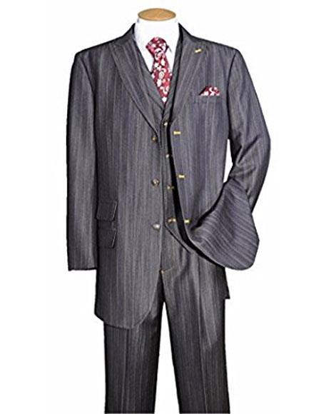 Men's Black Stripe ~ Pinstripe Peak Lapel Vested 3 Piece suit pleated pants Denim look Ticket Pocket 