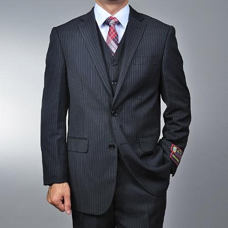 Liquid Jet Black Pinstripe 2-button Vested Suit 
