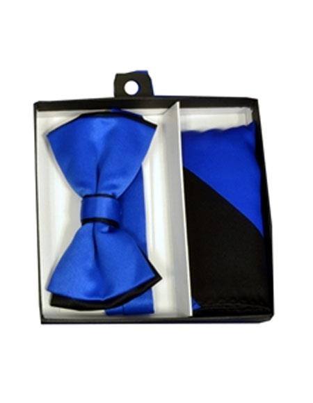 men's Black/Royal Blue Polyester Satin dual colors classic Bowtie with hankie