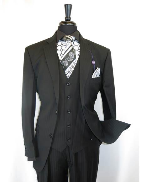  Men's Vinci 2 Buttons Black Shadow Stripe Style Single Breasted Notch Lapel Vested Suit