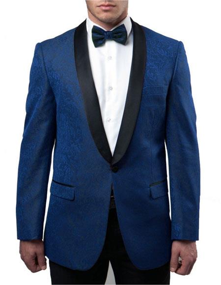  Men's Blue Slim Fit Tuxedo Jacket Pattern Black Large Shawl Lapel 100% Wool Blazer