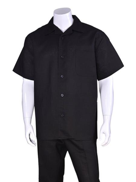  Men's Black Plain Short Sleeve Men's 2 Piece Linen Causal Outfits Casual Walking Suit With Pant / Beach Wedding Attire For Groom