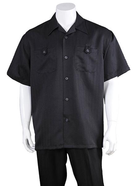  Men's Solid Casual Short Sleeve 100% Polyester Walking Black Suits 
