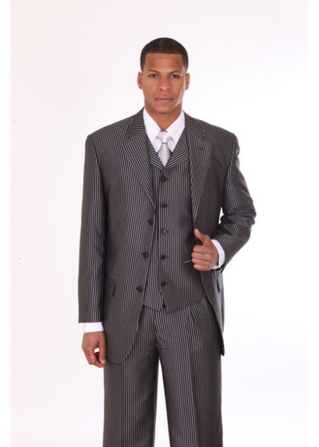 3 Piece 3 Button Style Stripe ~ Pinstripe 1940s men's Suits Style For sale ~ Pachuco men's Suit Perfect for Wedding with Lapel Vest Liquid Jet Black With Stripe