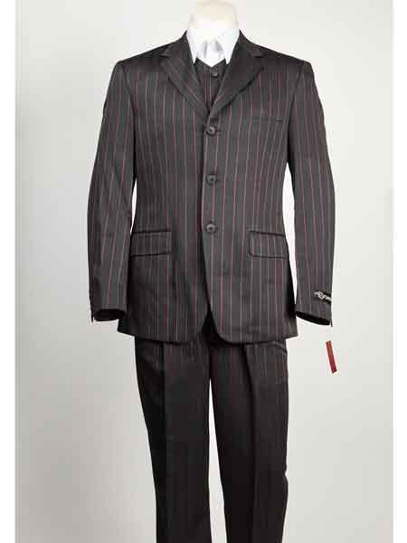  Liquid Jet Black Vested 3 Button Style Notch Lapel red color shade Pinstripe Single Breasted Closure Suit