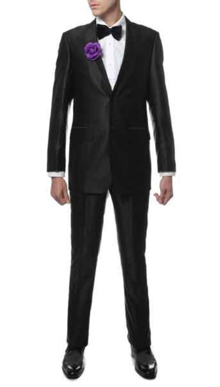  Single Breasted 2 Button Style Closure Notch Lapel Sharkskin Slim narrow Style Fit Suit Black