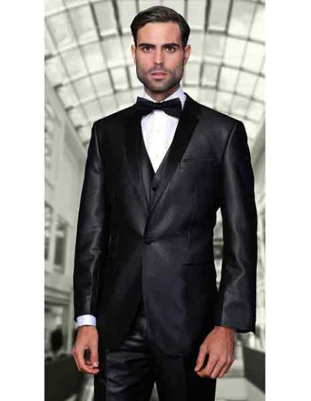  Liquid Jet Black Two Toned Vested 2 Buttons Style Suit With Liquid Jet Black Lapel 100% Wool Fabric Italian Tuxedo Looking