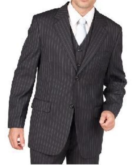 Liquid Jet Black Pinstripe 2 Button Style Vested 3 Piece three piece suit - Jacket + Pants + Vest 