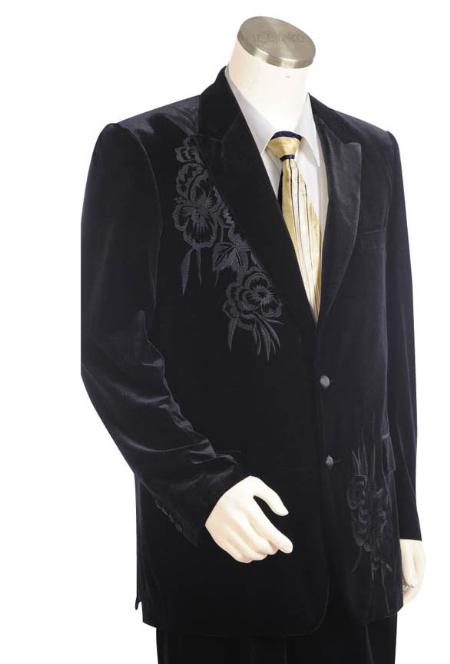 Two Buttons Suit Style Comes In Liquid Jet Black Velvet Velour with pattern Peak Lapel Pleated Slacks Pants