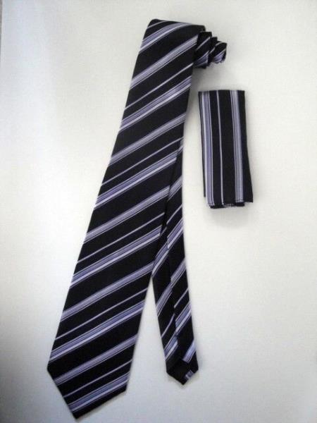 Neck Tie Set Liquid Jet Black W/ Silver And Lavender Stripes Design 