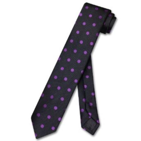 Narrow Necktie Skinny Liquid Jet Black w/ Purple color shade Polka Dots 2.5inch Tie 