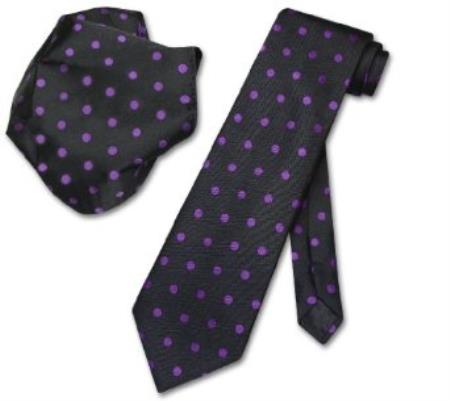 Liquid Jet Black w/ Purple color shade Polka Dots Necktie Handkerchief Matching Tie Set 