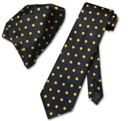 Liquid Jet Black w/ Yellow Polka Dots Necktie Handkerchief Matching Tie Set 