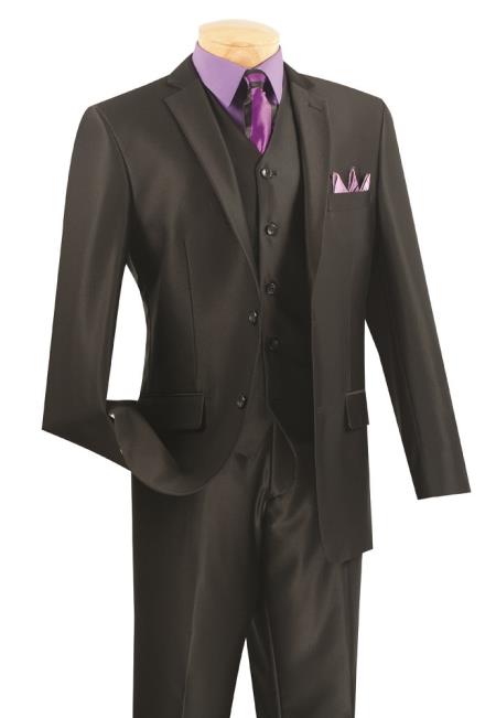 3 Piece Wool Fabric Slim narrow Style Fit Suit - Liquid Jet Black