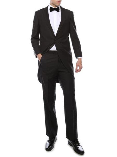  Liquid Jet Black 100% Wool Fabric Cutaway 1920s tuxedo style Regular Fit 2 Piece Peak Lapel Suit For sale ~ Pachuco men's Suit Perfect for Wedding