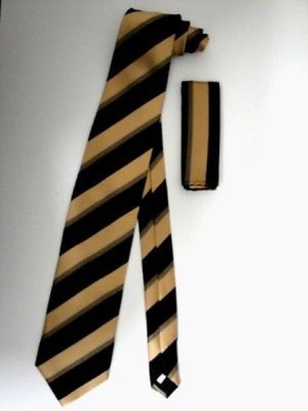 Tie Set Liquid Jet Black Gold Multi Stripes 