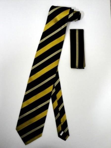 Neck Tie Set Liquid Jet Black Gold patterned Stripes 