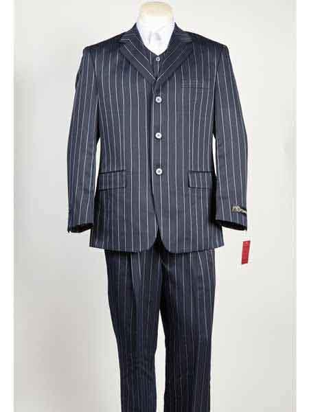  Blue 3 Button Style pronounce visible ~ Gangster ~ Chalk Stripe Navy Blue Shade With Light Blue Stripe