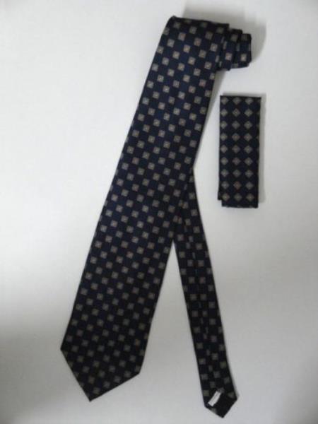 Neck Tie W/ Hanky Blue brown color shade Gold Square 