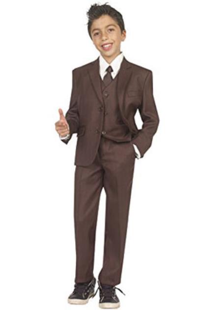 Kids Boys Tazio 2 Button Style Closure 5 piece Boys And Men Suit For Teenagers with Vest, Shirt & Tie Brown