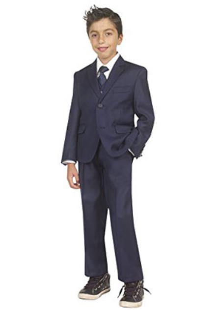 Kids Boys Tazio 3 Buttons Style Vest 5 piece Boys And Men Suit For Teenagers with Shirt & Tie Navy