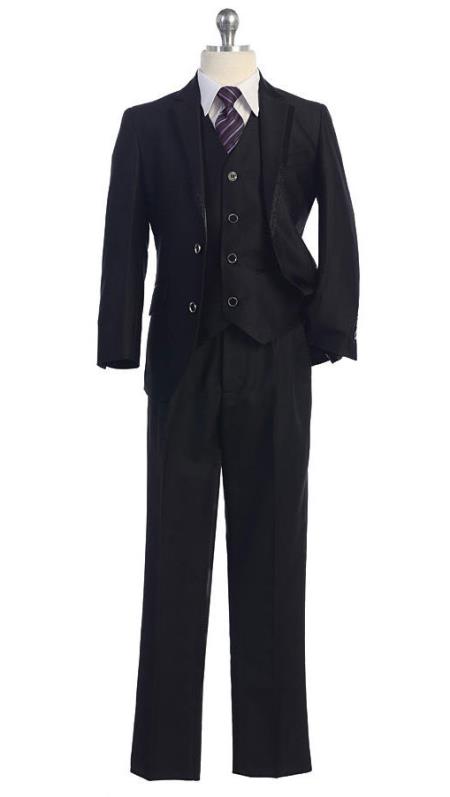  Liquid Jet Black 5 Piece Kids Boys Kids Sizes Notched lapel Tuxedo Four Button Vest Single Breasted Jacket