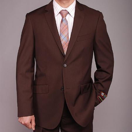 European Skinny Notch Lapel No Pleated Slacks Pants brown color shade 2-button Slim-fit Suit 