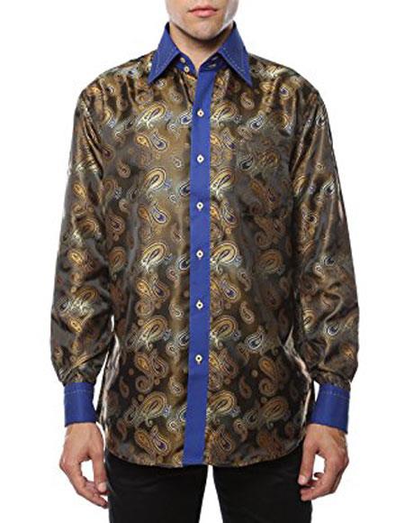  Men's Shiny Satin Floral Spread Collar Paisley Brown-Blue Dress Shirt Flashy Stage Colored Two Toned Woven Casual