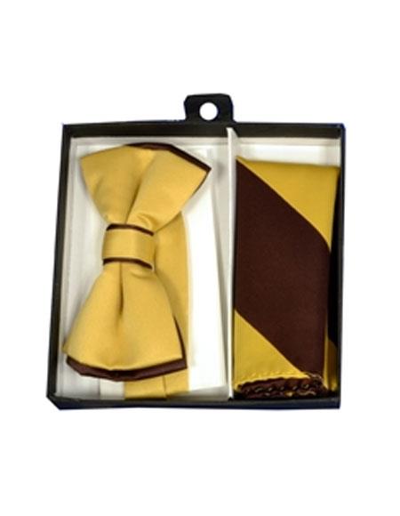  men's Polyester Brown/Gold Satin dual colors classic Bowtie with hankie