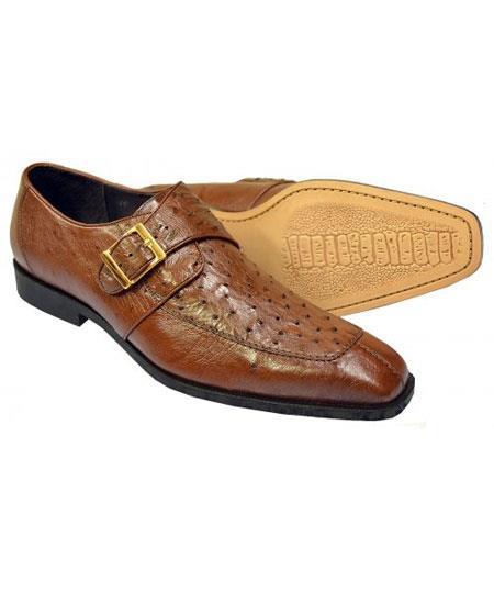  Men's Brown Genuine Ostrich Monk Strap Leather Shoes 