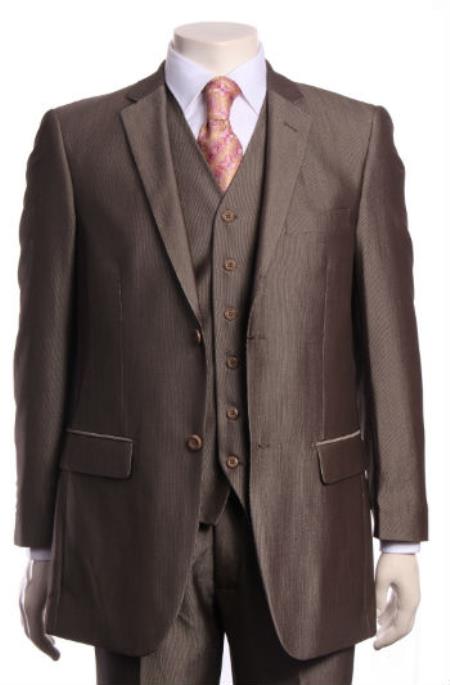Regular Cut Regular Fit Vested Athletic Cut Suits Classic Fit  Light Toast ~brown color shade ~ Mocha With sheen Sharkskin 2 Button Style 3 Piece