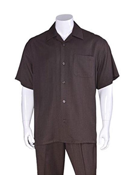  Men's Casual Short Sleeve Plain Two Pieces Brown Walking Suits with Matching Pleated Pants