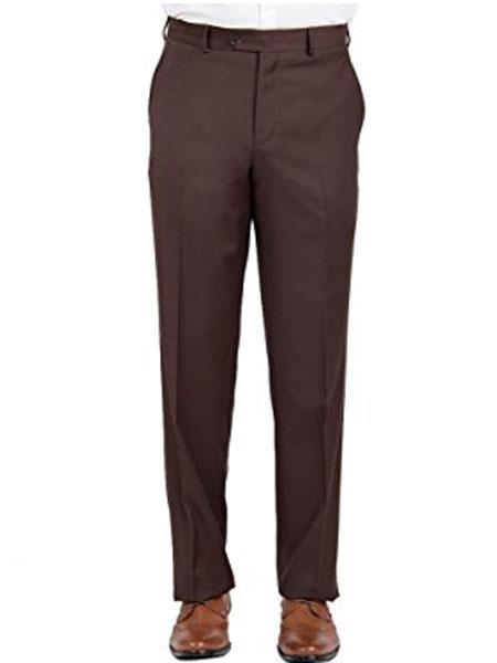 Men's Brown Modern Fit Wool Front Front Pant