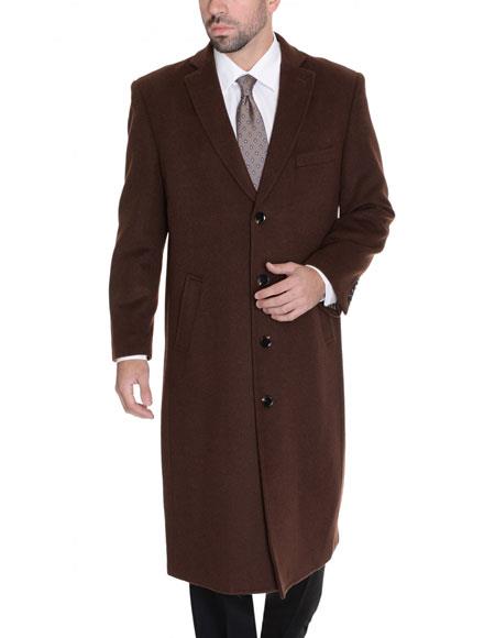  men's 4 Buttons Brown Single Breasted Full Length Wool Cashmere Blend Overcoat Top Coat