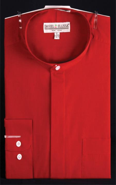 Banded Collar Dress Shirt Red