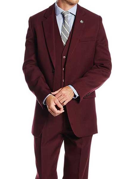 Burgundy Classic 1920s Single Breasted Suny Vested Notch Lapel 3 Piece Suit