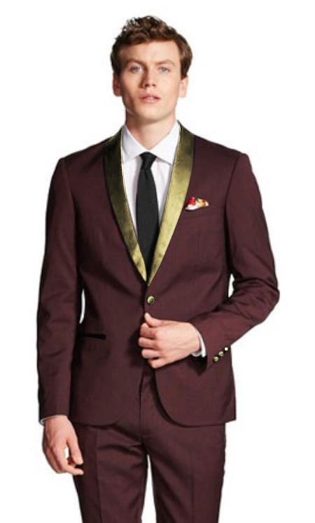Men s Gold Shawl Lapel Burgundy Tuxedo Wool Slim Fit Suit