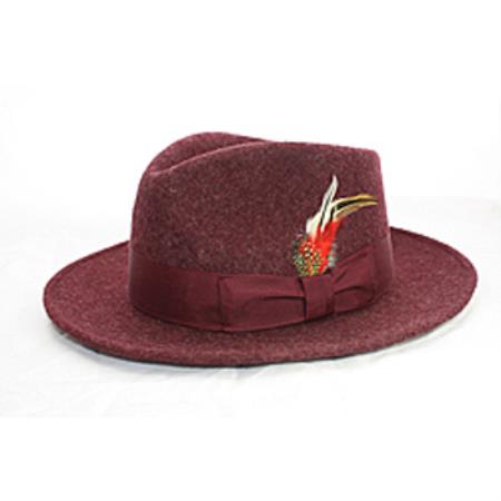 Mens Dress Hat Burgundy Wool Fabric Fedora suit hat /with Feather 