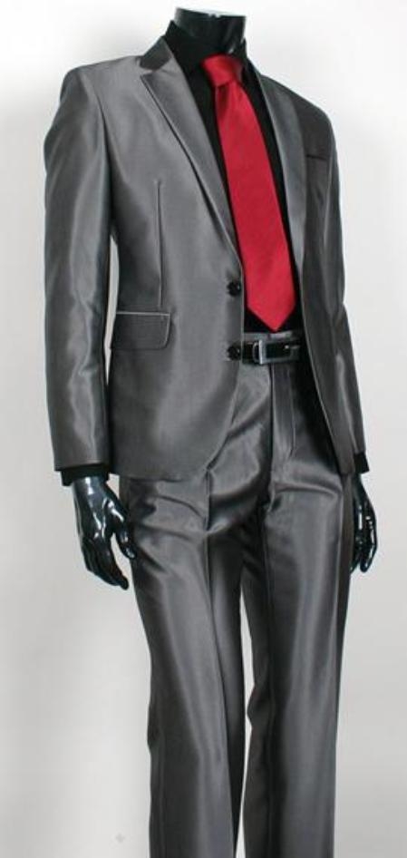 Shiny Flashy Sharkskin Dark Grey Masculine color Gray 2 Button Style Jacket Flat Front Pants New Style 
