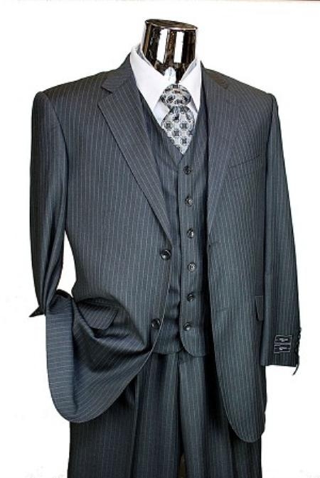 Dark Grey Masculine color Pinstripe 3pc 2 Button Style Italian Designer Suit Dark Grey Masculine color Wool