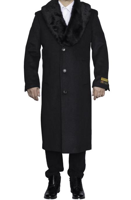 Mens Overcoat mens Removable Fur Collar Full Length Wool Dress Top Coat / Overcoat in Charcoal Grey 