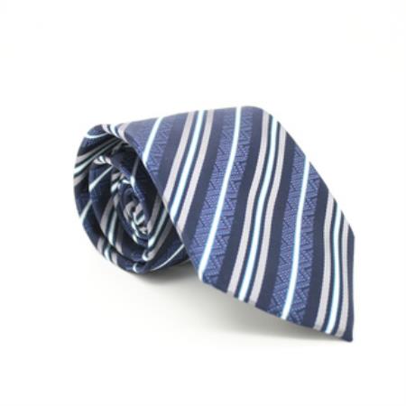 Slim narrow Style Classic Blue Striped Necktie with Matching Handkerchief - Tie Set 