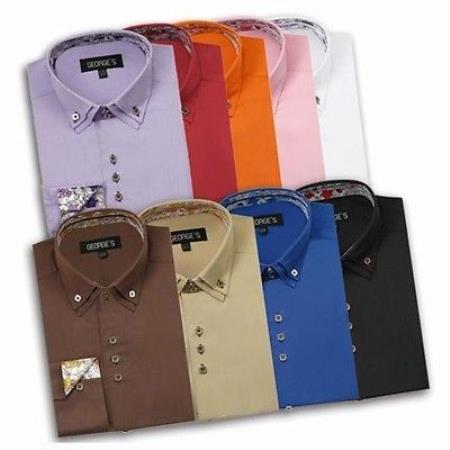 Cotton Blend Double Collar Square Button Dress Shirt 10 Colors Style Multi-Color 