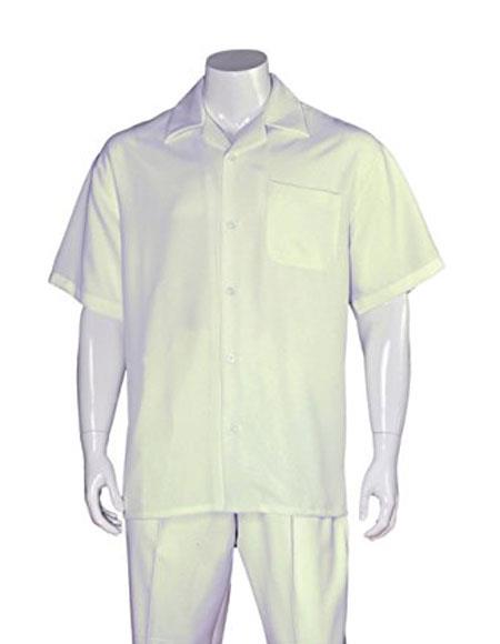  Men's Casual Short Sleeve Plain Two Pieces Cream Walking Suits with Matching Pleated Pants