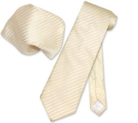 Egg Yolk Cream Striped Necktie & Handkerchief Matching Neck Tie 