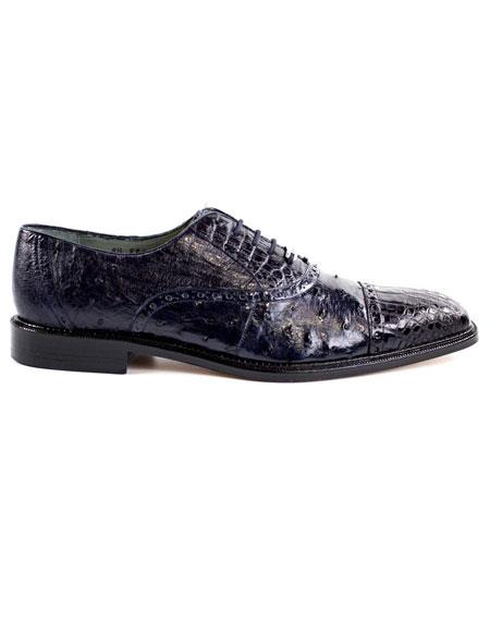  Men's Genuine Crocodile/Ostrich Lace Up Navy Hand-Crafted Dress Shoes