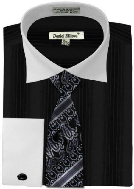Daniel Ellissa Basic Two Tone French Cuff Dress Shirt Set Liquid Jet Black 