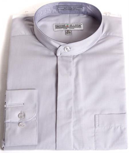 Daniel Ellissa no collar mandarin Style Banded Collar Grey Dress Shirt 