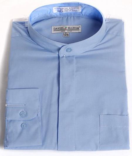 Daniel Ellissa Poly-Cotton Blend Banded Collar Light Blue Dress Shirt 